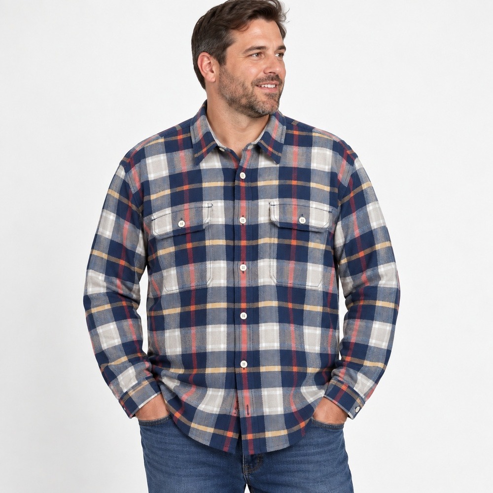 Eddie Bauer Men Classic Fit Plaid Button Down Shirt Navy XXL Winter Work Casual